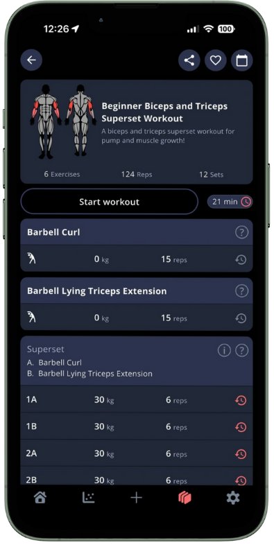 A screenshot showing what the Beginner Biceps and Triceps Superset Workout looks like in the app.